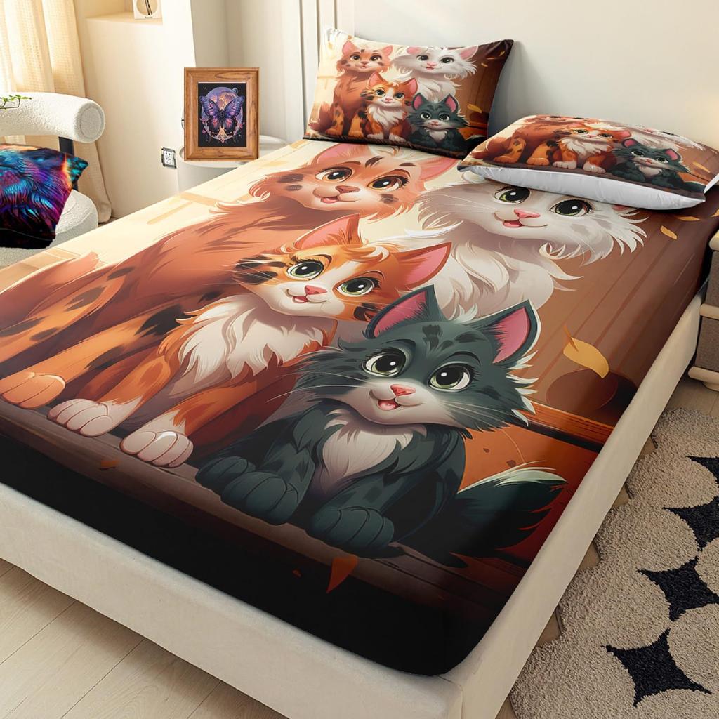 Cute cartoon cat family pattern mattress four-piece bedding set bedroom dormitory bedding set