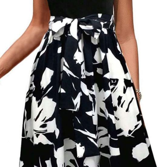 Women Summer Dress Round Neck Short Sleeve Printing Splicing Design Midi Dress Flowy Hem Beach Party Dress