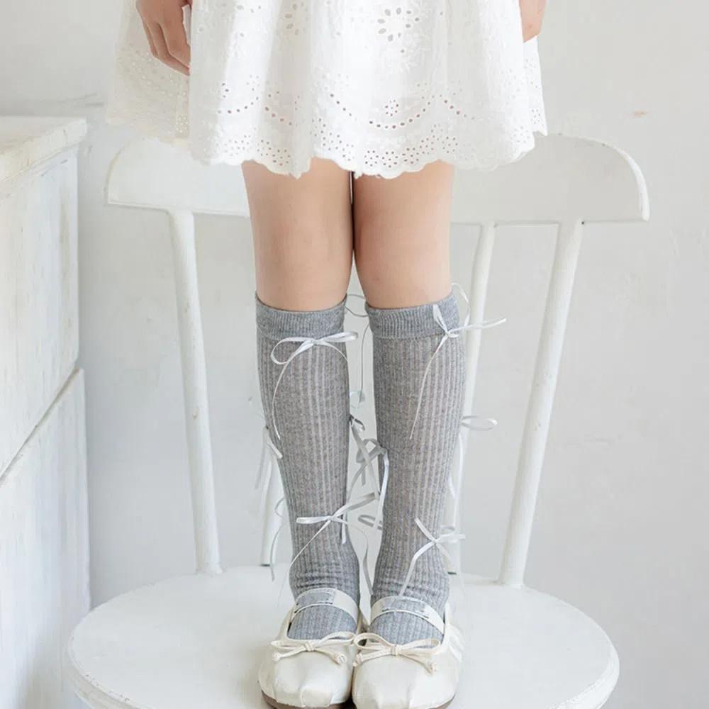 Ribbon Bow Balletcore Socks Solid Color Thin Stockings Comfortable Mid-Tube Hosiery  Women