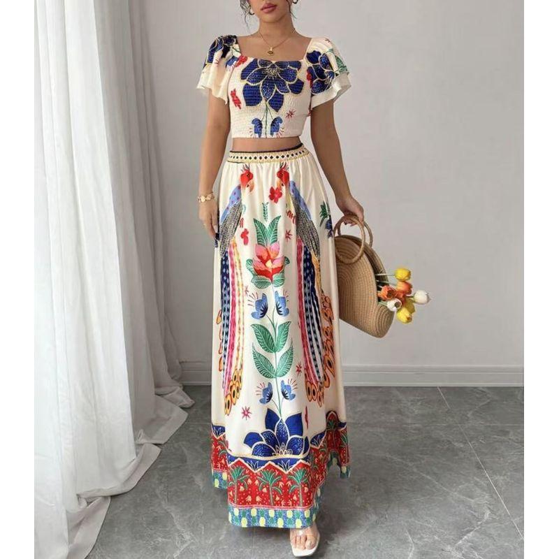 Top and Skirt Set European and American Print Leisure Vacation Bohemian Short Sleeve Top Skirt Sets
