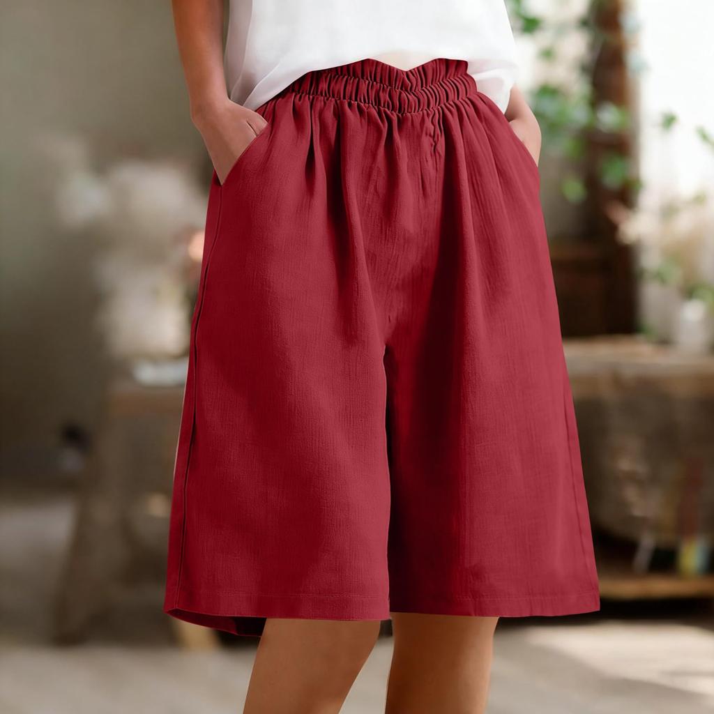 Women's Casual Cotton Linen Bermuda Shorts with Pockets Elastic Waist Loose Fit Color