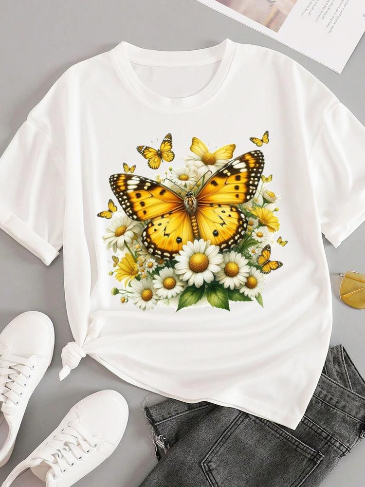 (Asian Size) trend love flower Short Sleeve T-shirts Women's Top T Female Print  Fashion O-neck Casual Clothing  Graphic Tee