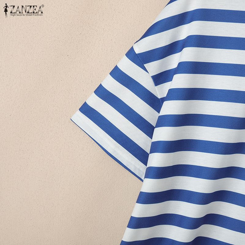 ZANZEA Damen Lässig Stehkragen Locker Halber Ärmel Streifen T-Shirt