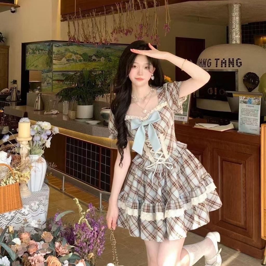 Übergröße Damen Retro Karo Schnürung Taille Prinzessinnenkleid
