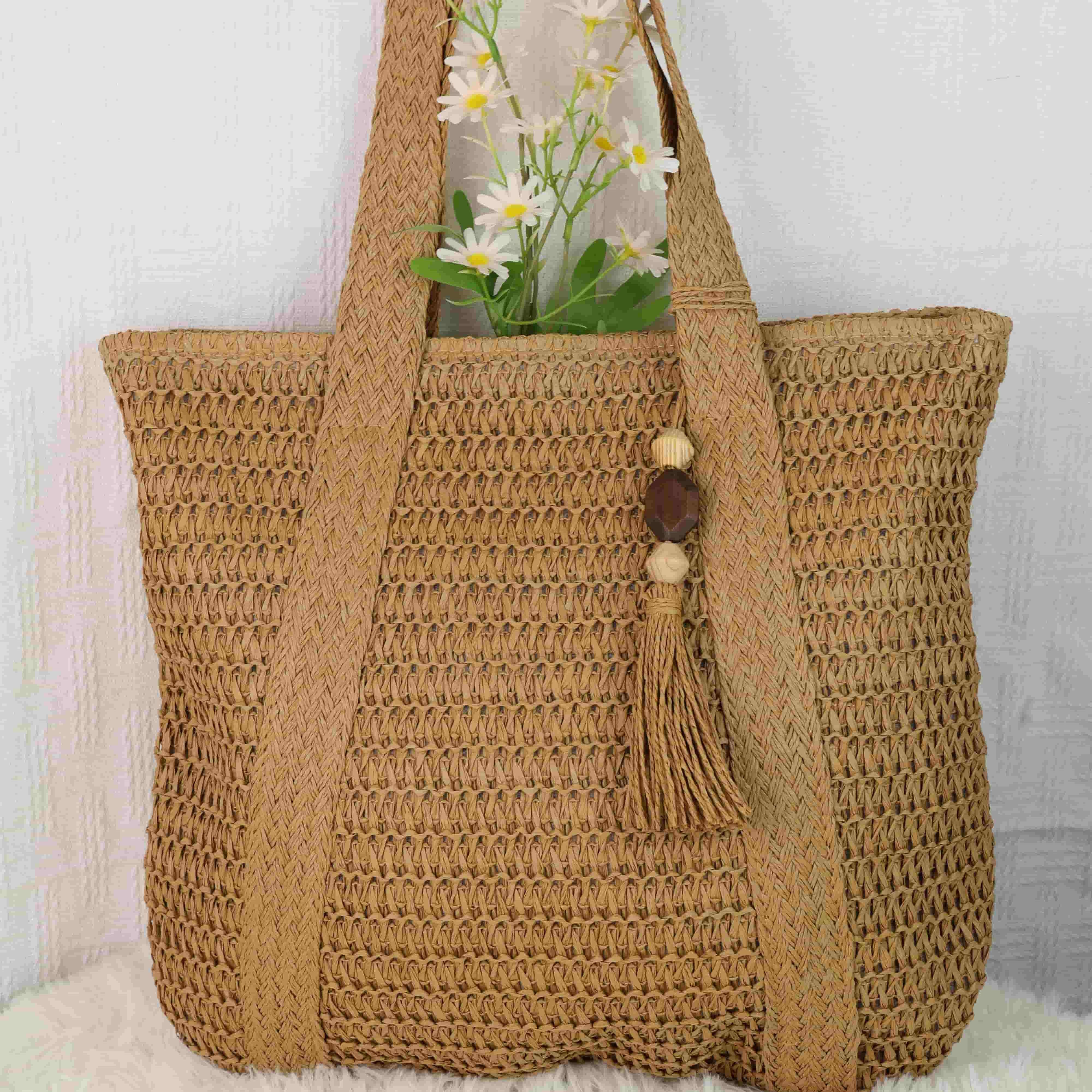 

Grass Woven Beach Charter Woven Solid Color Woven Bag Versatile Large Capacity Shoulder Bag Vacation Women s Bag Broadband Tassel Hanging Decoration хаки