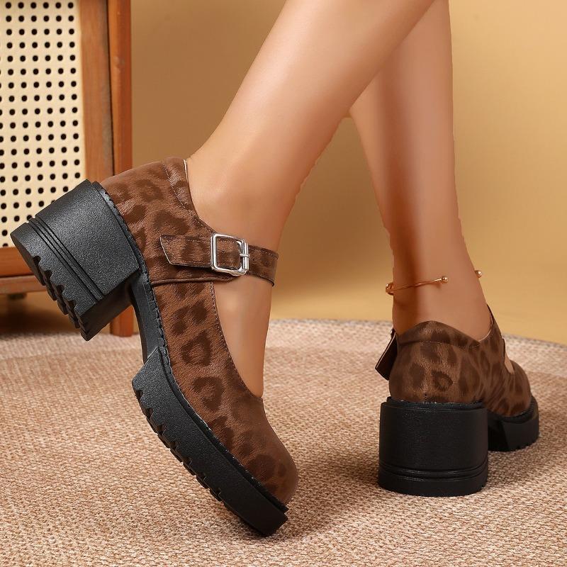 Leopard Women High Heels Loafers Shoes Fashion Platform Buckle Shoes 2025 Autumn New Dress Pumps Elegant Party Zapatillas Mujer