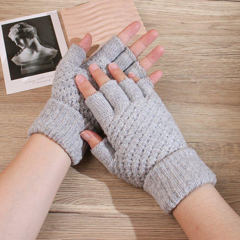 

1 пара трикотажных толстых термических полупальцевых перчаток для женщин и мужчин, зимние теплые перчатки для вождения, перчатки без пальцев, варежки для сенсорных экранов серый