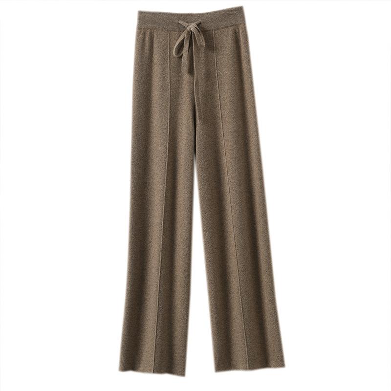Wool Casual Pants Solid Color Straight Wide Leg Knitting Trousers with Drawstring High Waist Thickened Slacks