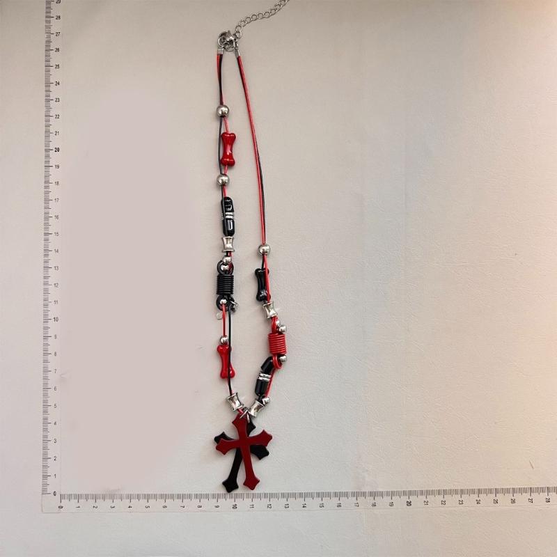 Subculture Rock Beaded Necklace Niche Retro Black Red Crossed Pendant Bead Acrylic Necklace Summer Bead Necklace Jewelry