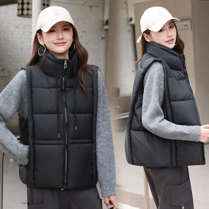 Down Cotton Vest Women's Short Stand-up Collar Winter New Vest Drawstring Cotton Vest Outer Wear Vest Thick