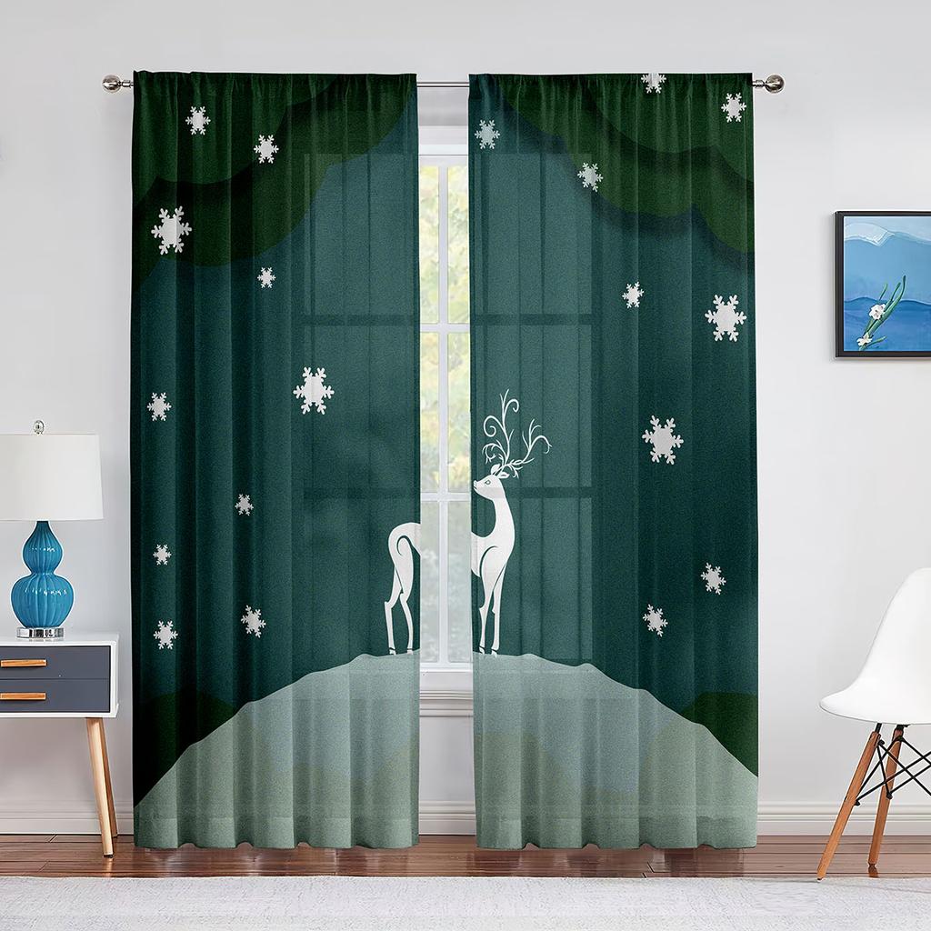 Winter Reindeer Elk Wildlife Animals White Snowy Forest Sheer Curtains for Living Room Bedroom Window Voile Tulle Curtain Drapes
