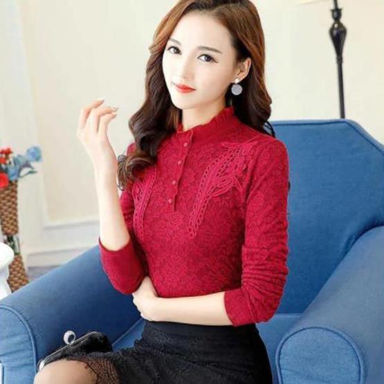 Plush Thickened Long Sleeve Lace Shirts Women's Autumn Winter Slim Fit Tops Large Size Warm Blouses