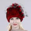 Brand Women Genuine Rex Rabbit Fur Hats Winter Rex Rabbit Fur Beanies Striped Top Flower Fox Fur Warm Real Fur Knit Caps