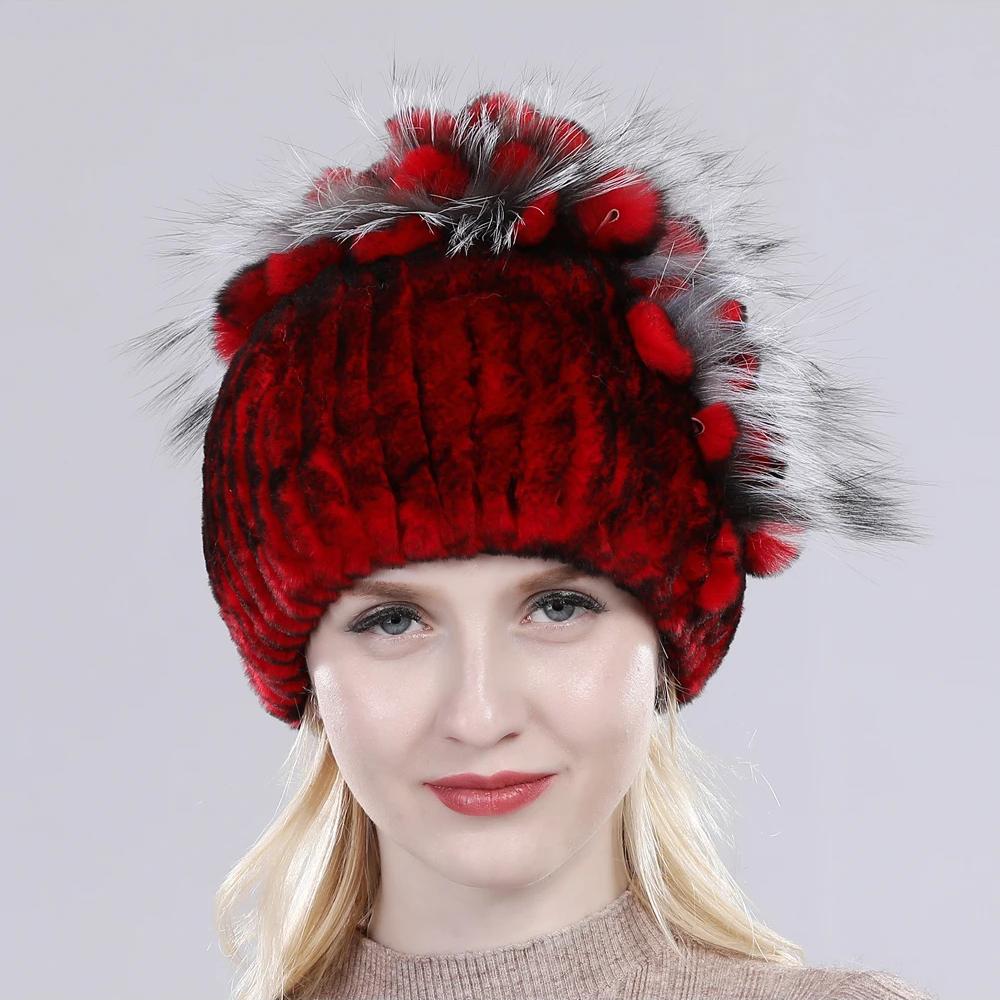 Brand Women Genuine Rex Rabbit Fur Hats Winter Rex Rabbit Fur Beanies Striped Top Flower Fox Fur Warm Real Fur Knit Caps