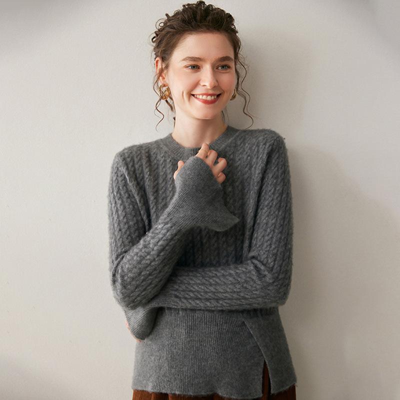 Women's Cashmere Round Neck Cable Knit Sweater - Thick, Loose Cuffs, Slit Design