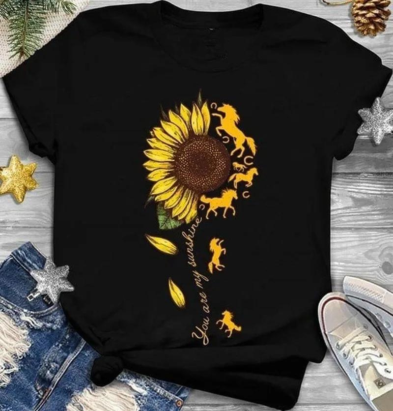 Sunflower Horse Print T Shirt Women Short Sleeve O Neck Loose Tshirt Summer Women Tee Shirt Tops Camisetas Mujer