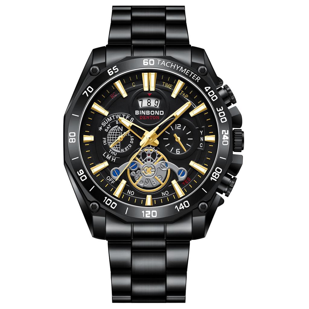 BINBOND Men's Luminous Trendy Tourbillon Watch with Steel Band, Three Dials & Six Hands