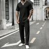 V-neck Waffle Short-Sleeve T-shirt & Long Pants Men's Streetwear Sports Set