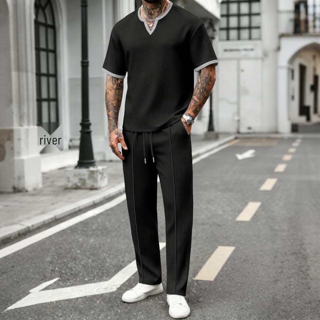 V-neck Waffle Short-Sleeve T-shirt & Long Pants Men's Streetwear Sports Set