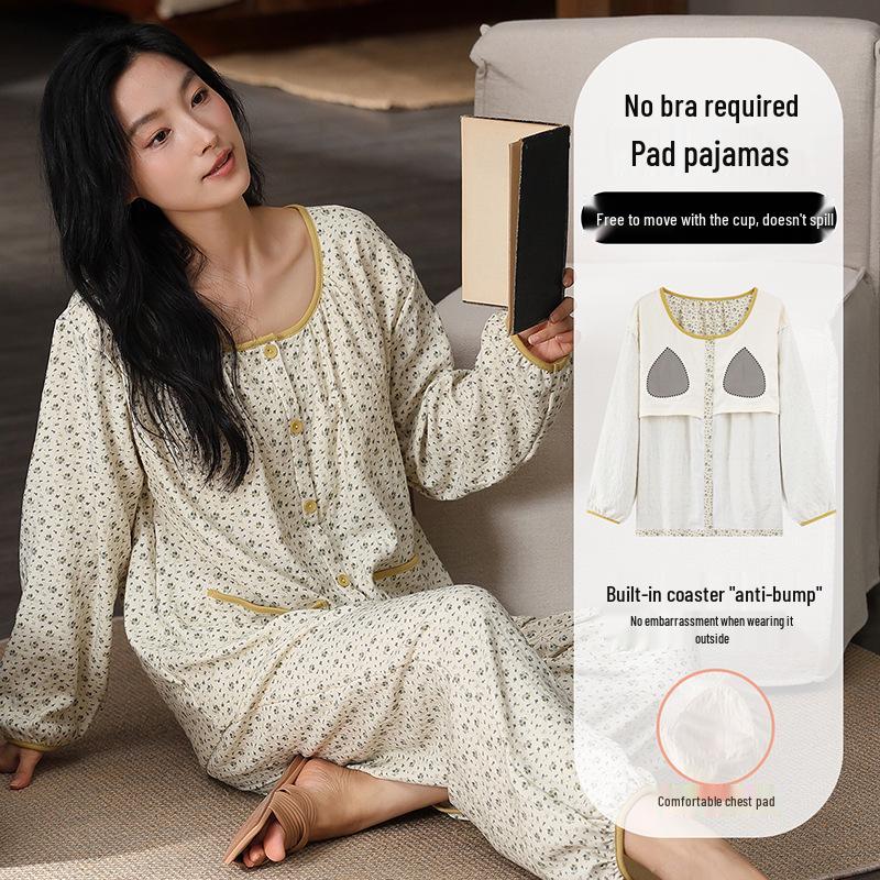 Women's Cloud Cotton Pajama Set with Chest Pads - Long Sleeve & Pants for Indoor/Outdoor Wear In Spring, Autumn, and Winter