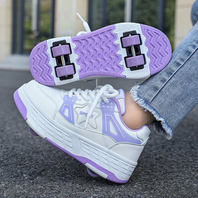 Chaussures Vélo Garçons Filles Adolescents Baskets à Roulettes Chaussures à Poulie Invisible Quatre Roues Amovibles Chaussures Vélo