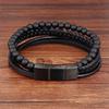 Herren Armband aus Leder mit Perlen und Natursteinperlen, mehrlagiges Seil, Edelstahl-Magnetverschluss, Armband, Herrenschmuck
