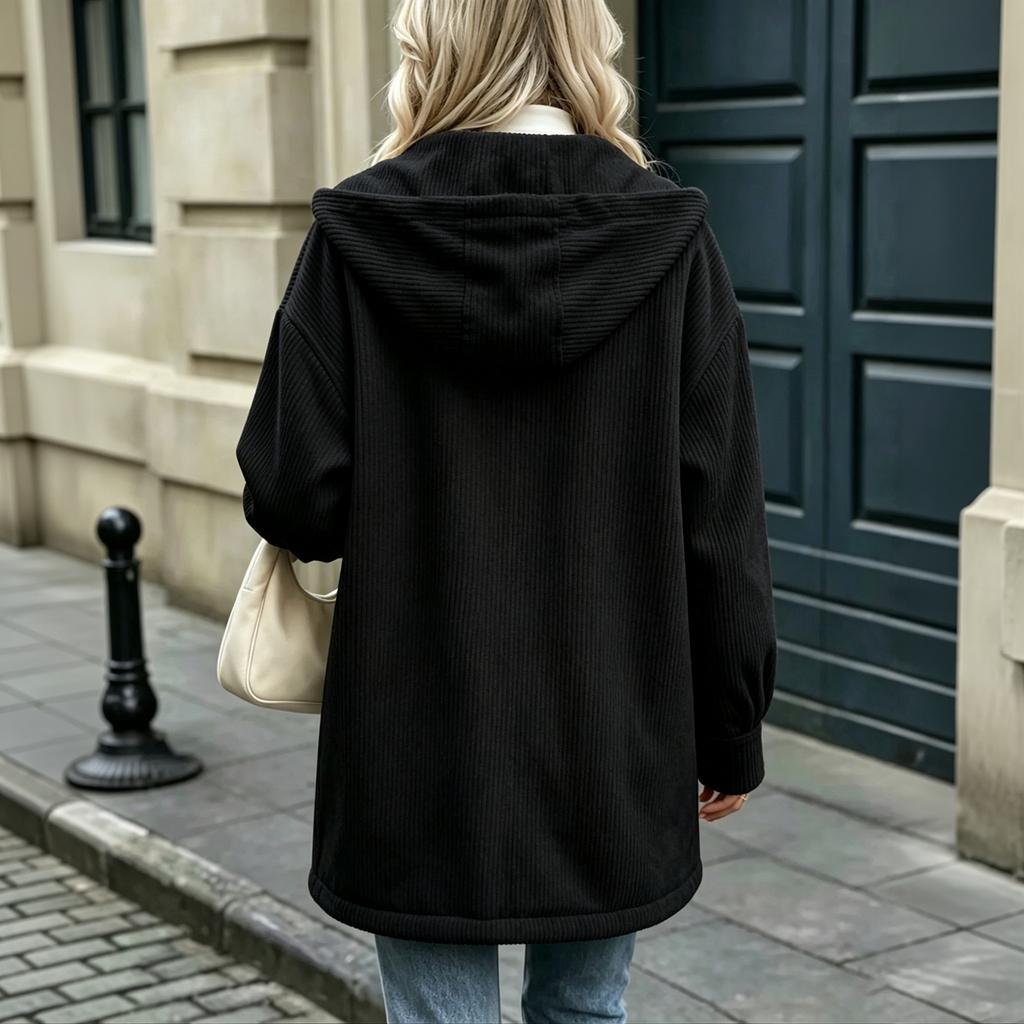 Giacca Cardigan da Donna con Cappuccio in Velluto a Coste Manica Lunga Monopetto con Tasche per Autunno Inverno