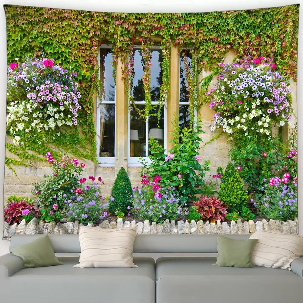 Street Flower Scenery Tapestry Vintage Blue Wooden Door Floral Plants Nature Landscape Home Garden Decor Wall Hanging Picnic Mat