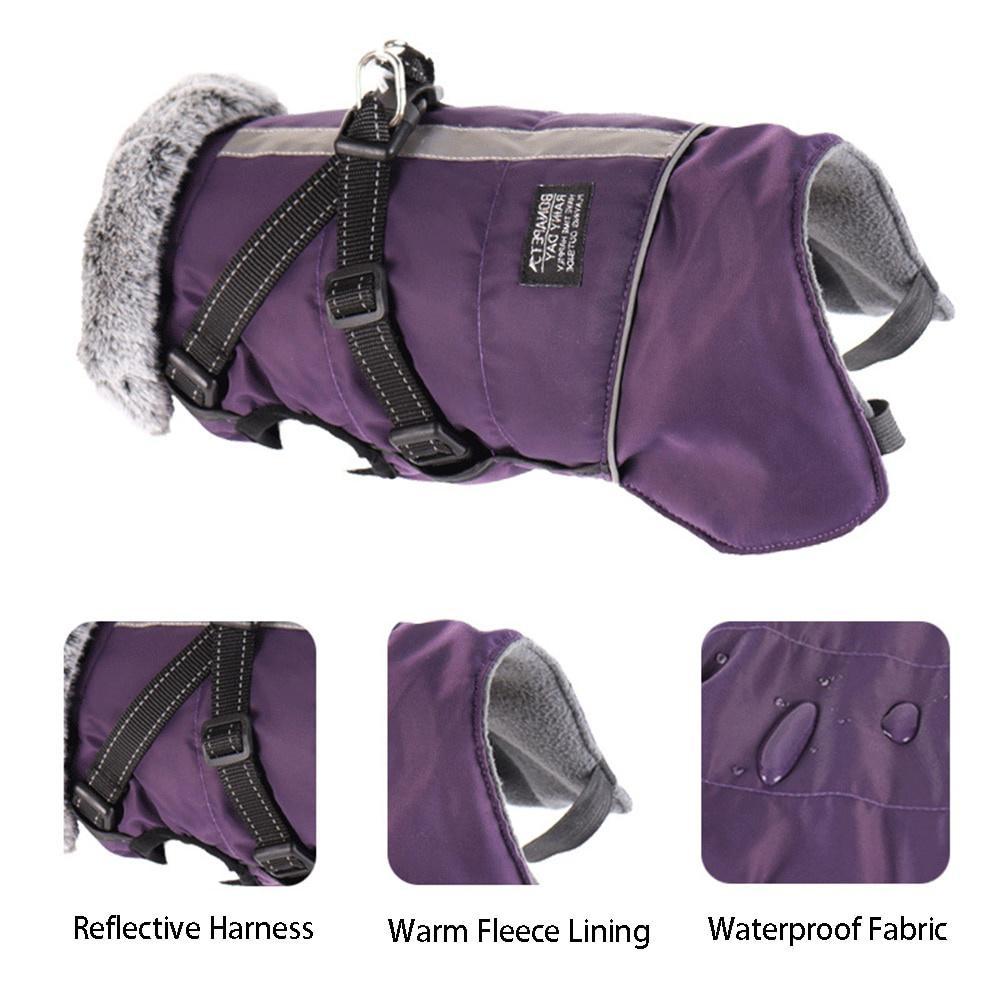 Stora hundkläder med sele Vintervarm pälskrage Vattentät reflekterande vadderad hundjacka Liten stor hundkappa fransk bulldogg