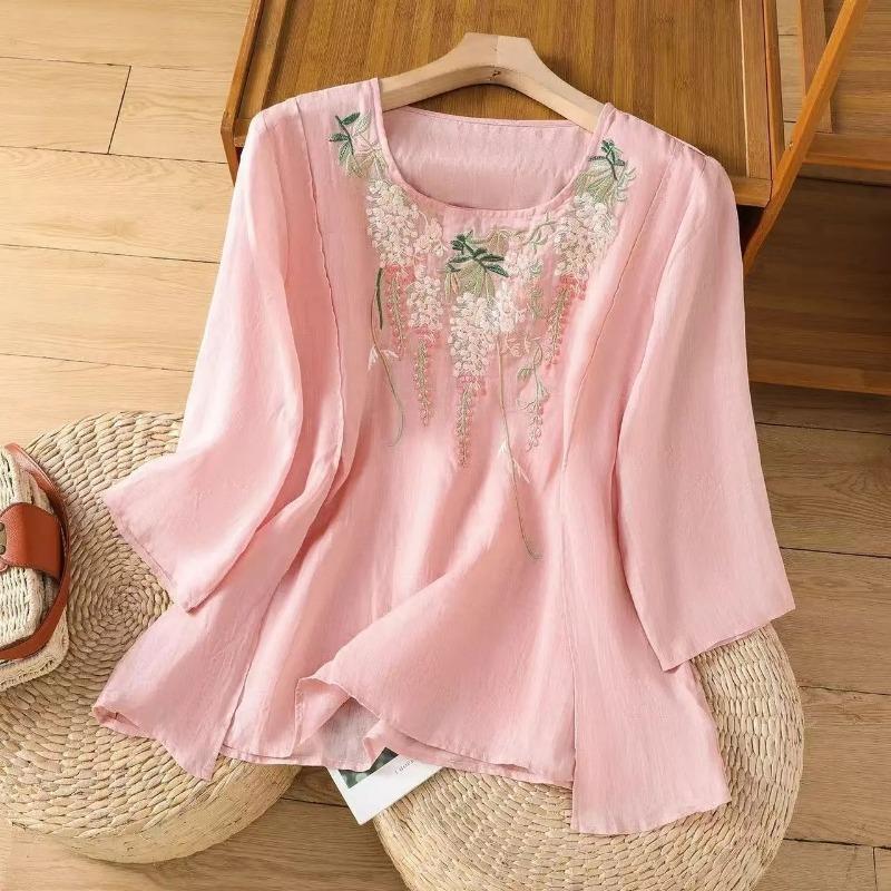 Womens Pink Floral Embroidered Blouse Casual Round Neck 3/4 Sleeve Cotton Linen Top M