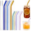 10 Reusable Colorful Bent Glass Straws,Size 9''x10mm and 6''x10mm Cute Short Glass Straw shatterproof,Belt 2 One Cleaning Brush,Suitable for