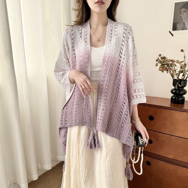 Gradient Tie-Dye Ethnic Shawl Cape - Knitted Women's High-End Travel Outerwear