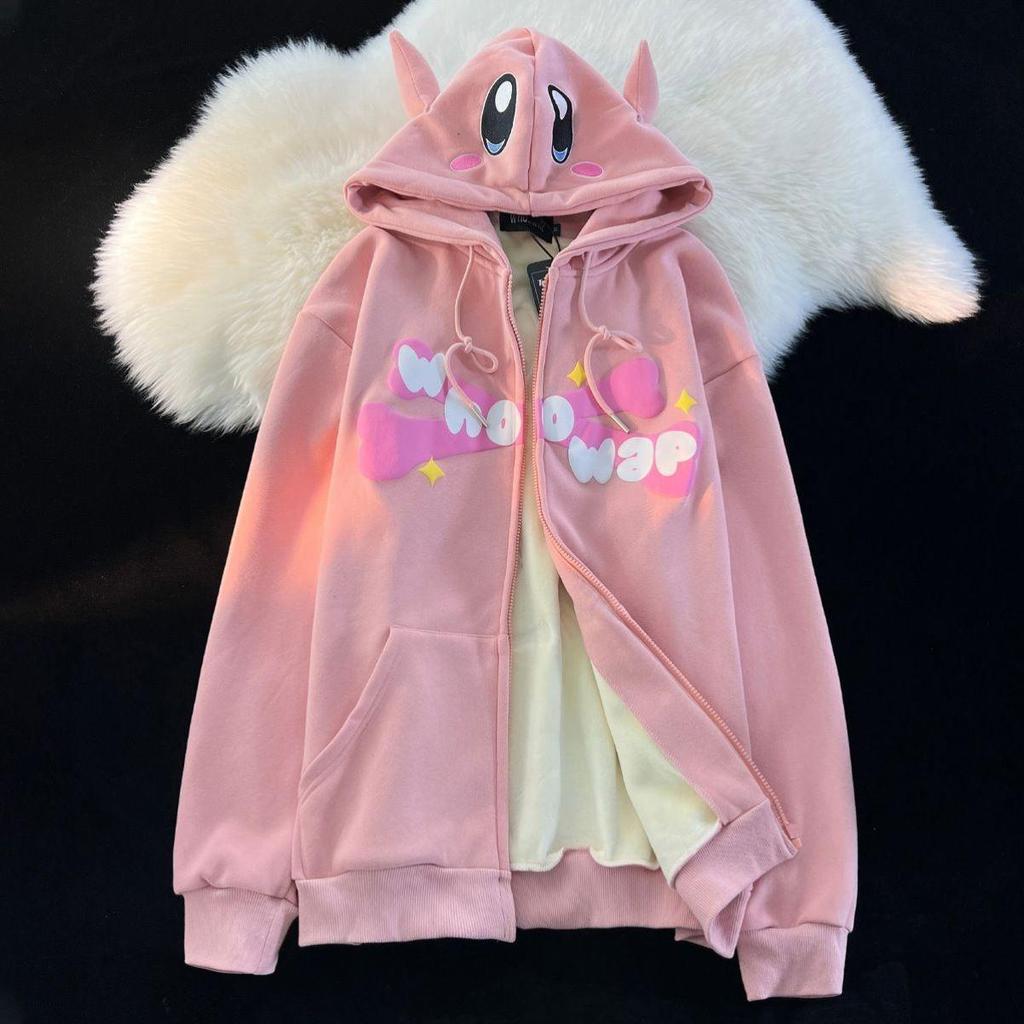 Autumn/Winter Kawaii Cartoon Hooded Fleece-Lined Letter Sweatshirt Jacket for Men/Women