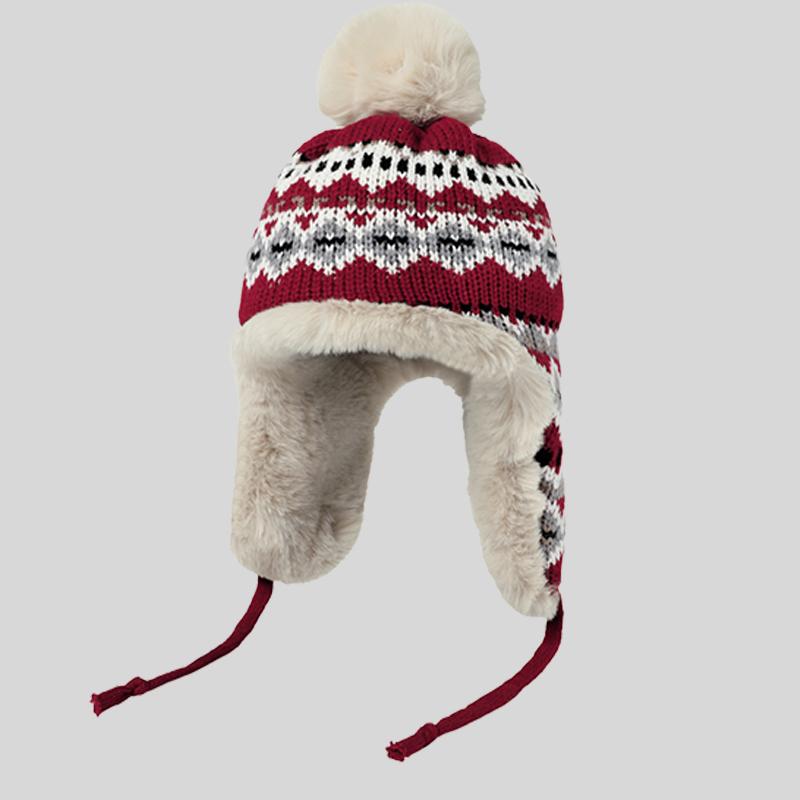 Fashion Women Furry Ball Winter Knitted Beanie Hat With Earflaps One Size красный