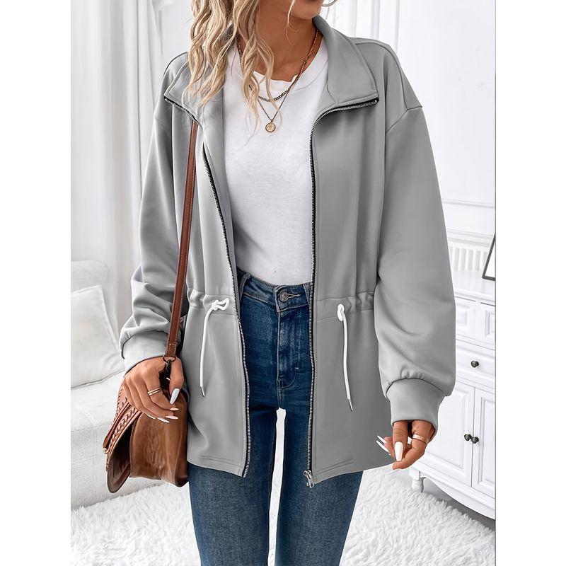 

Осенне-зимняя мода Новое поступление Однотонный Минималистичный Кардиган на кулиске с полувысоким воротником Пальто средней длины Европейская станция Самые продаваемые Grey XS