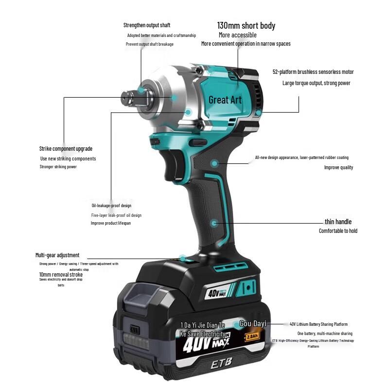 Daei 40V 400N·m Brushless Cordless Impact Wrench CN plug (adapter included)
