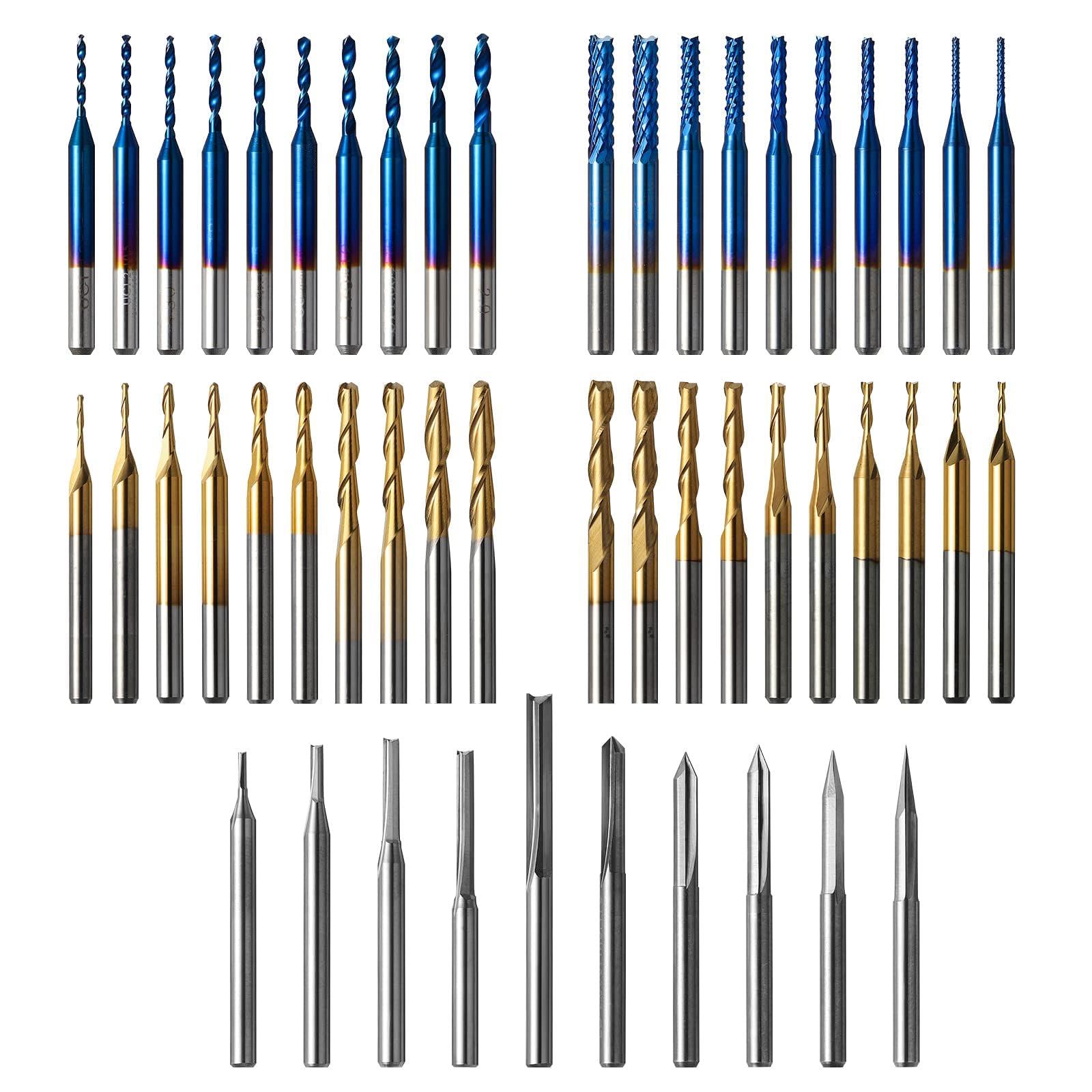 

50pcs Tungsten Carbide End Mill Router 3mm Shank CNC Bit Set 2 Flute Straight Flat Nose Ball Nose End PCB Drill V Groove Engraving Nano Blue MC50A