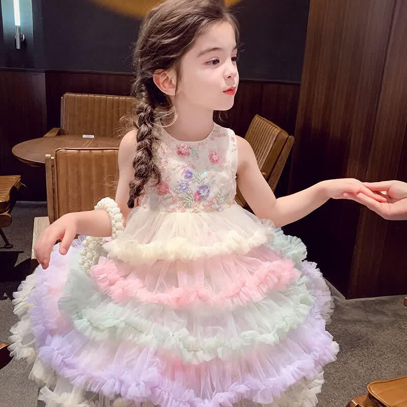 MIMIHELLO Girls  Sleeveless Princess Cake Tulle Dress 140
