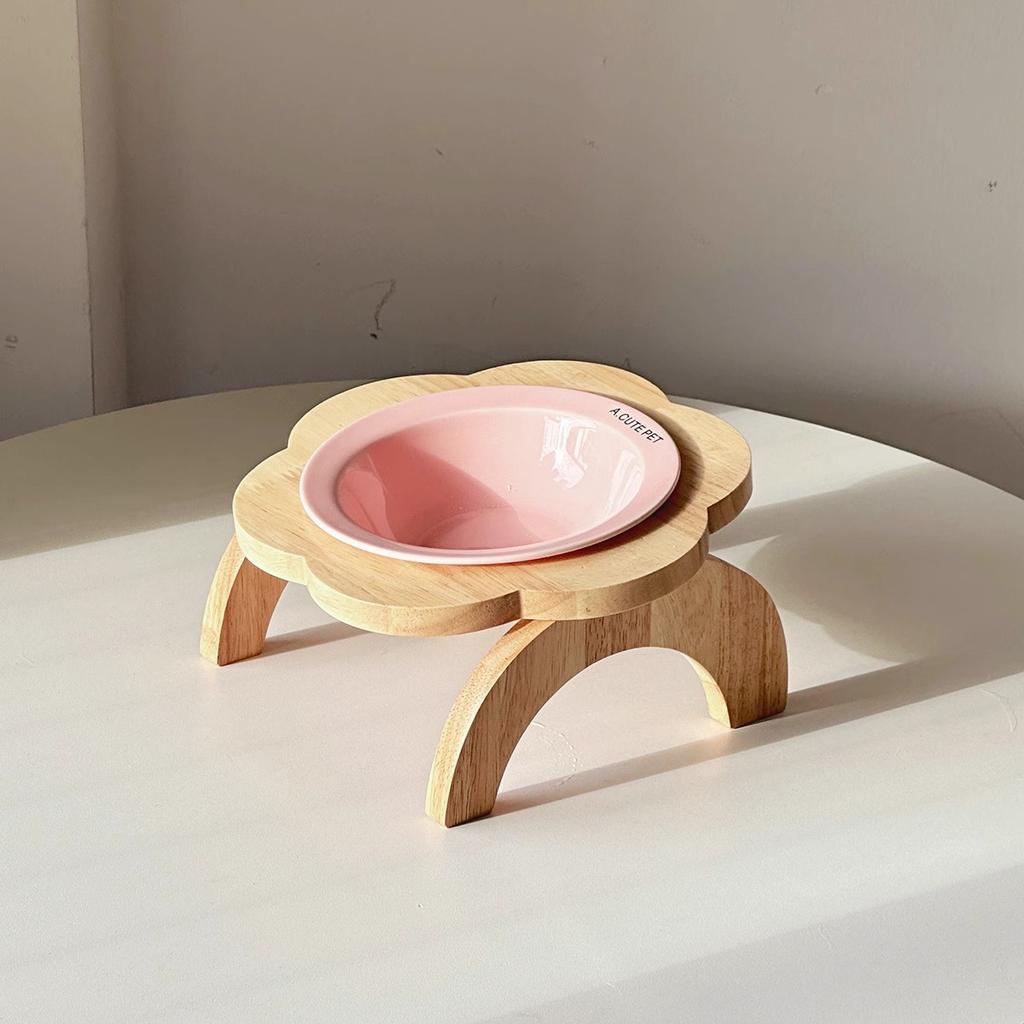 Elevated Cat Bowl with Wooden Stand, Flower Shaped Ceramic Neck Protection Pet Bowl, Raised Cat Food Bowl for Cats Dogs