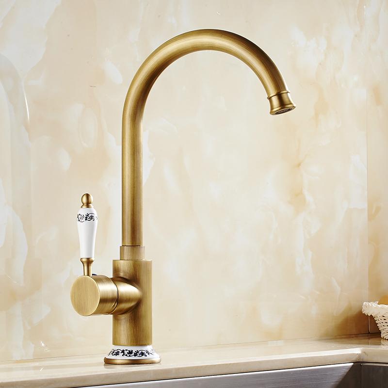 Modern Antique Gold Brass Single Handle Kitchen Faucet Classic Style Sink Faucet Hot Cold Water for Kitchen Sink (as the picture,Brass)