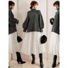 Japan and South Korea Spring & Fall New Arrival Work Clothing Gray Turtleneck Loose Lantern Sleeve Sweater Tops Pleated Skirt Two-piece Set Women