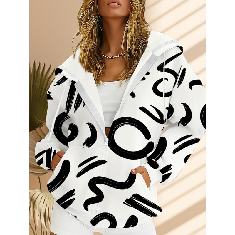 Women's 3D Printed Zipper Hooded Sweatshirt, Long Sleeves, Casual Sport Style