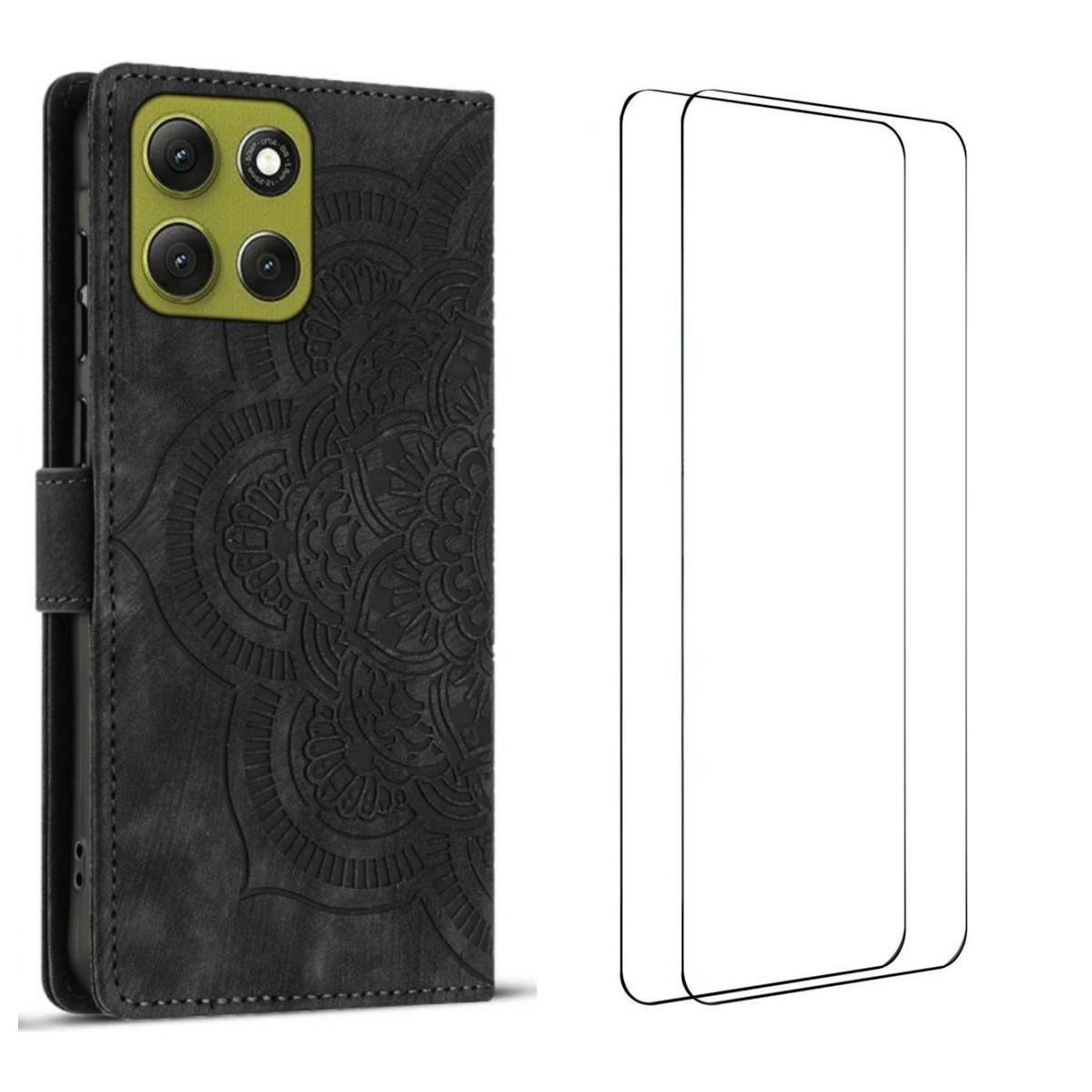 

For Motorola Moto G56 5G Case with 2Pcs Tempered Glass WANLONFENG MTL Series Mandala Leather Phone Cover Black
