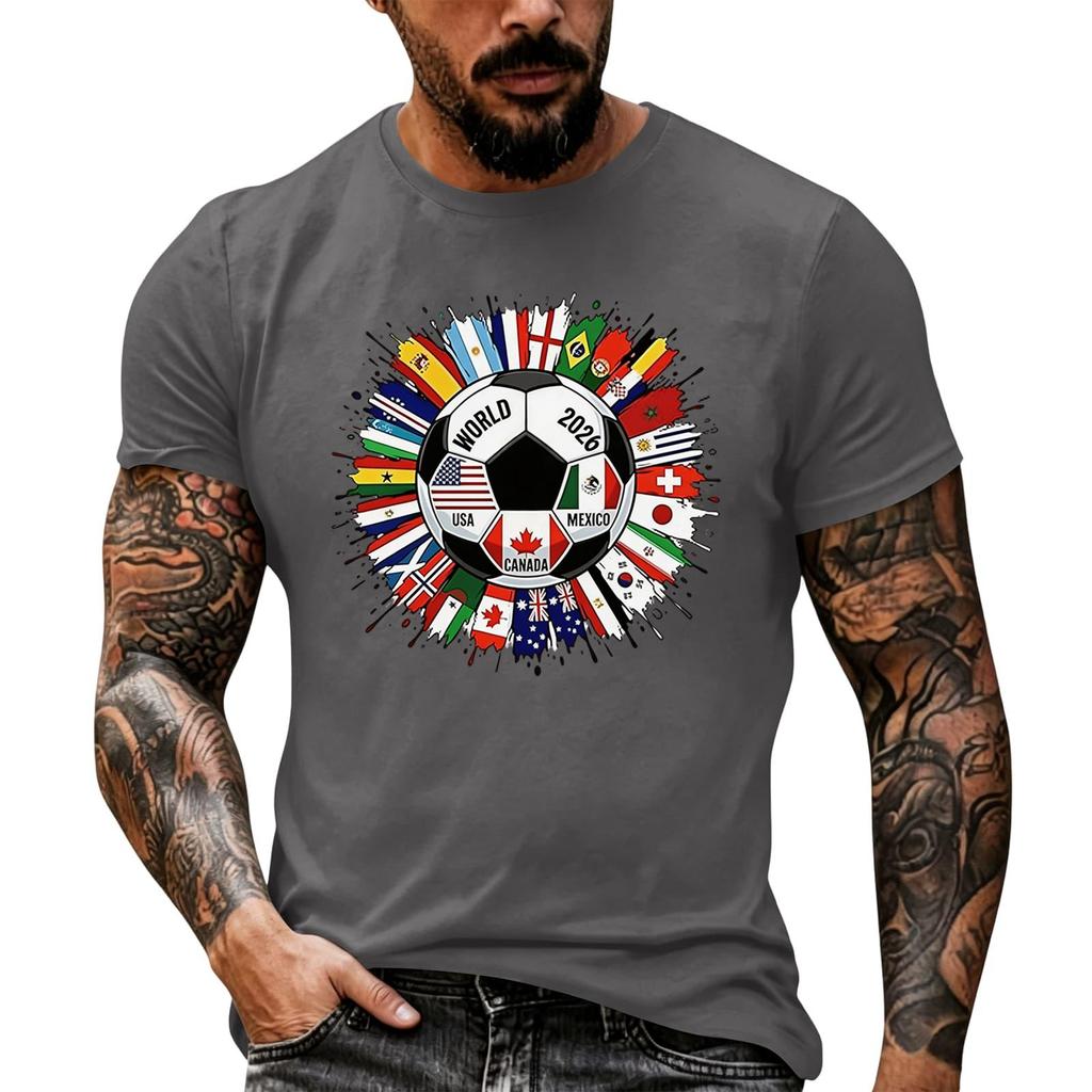 Men's Basic Crew Neck Short Sleeve T Shirt Loose Fit Casual Summer Top Soccer Ball and International Flags Graphic Print