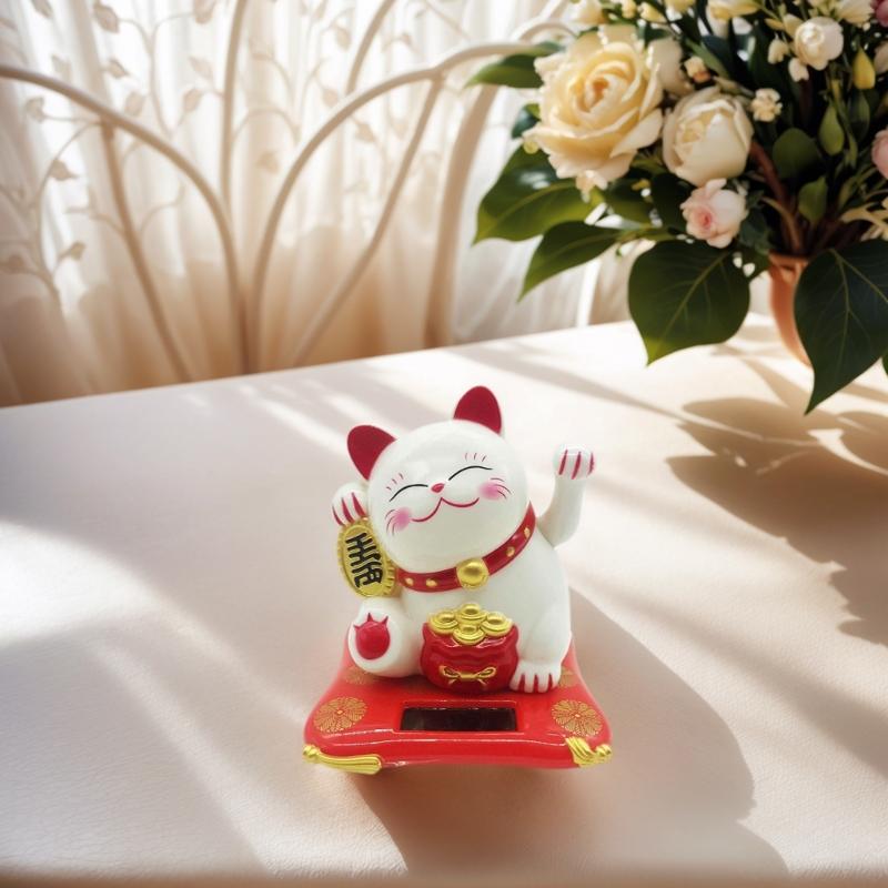 Lucky Fortune Cats Solar Energy Activated Moving Arm Vehicle Desktop Ornament Wealth Symbol Home Decoration