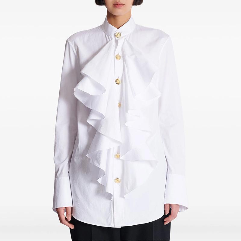 2025 European & American Fashion Slim Fit Ruffle White Long-Sleeve Shirt