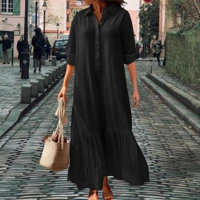 Abito Chemisier da Donna in Cotone e Lino Manica Lunga Scollo a V Bottoni Maxi Abito Casual