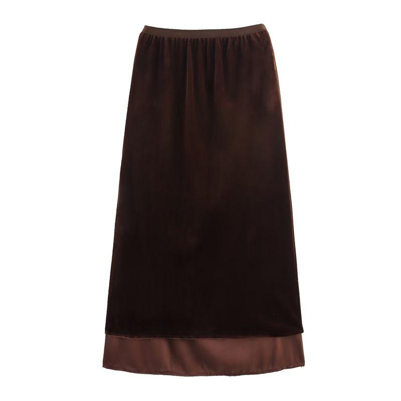 

Kaslead Новая женская одежда Западный стиль Мода Шифон Бархат Разрез Эластичная талия Юбка Brown XL