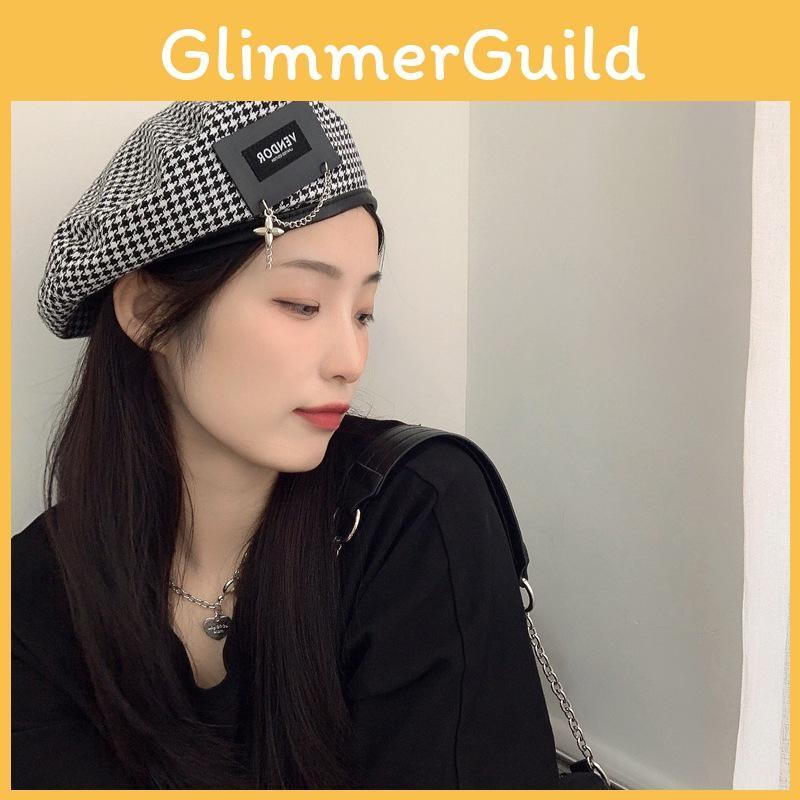 Stylish Japanese Houndstooth Beret Hat For Women With Unique Patch Metal
