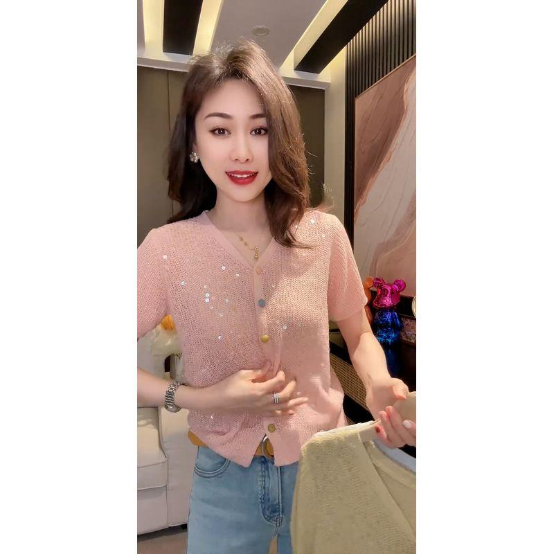 

Изящный трикотажный кардиган с пайетками в тонкой вязке, лето 2025, новая футболка с коротким рукавом из ледяного шелка, женский уникальный топ Pink L
